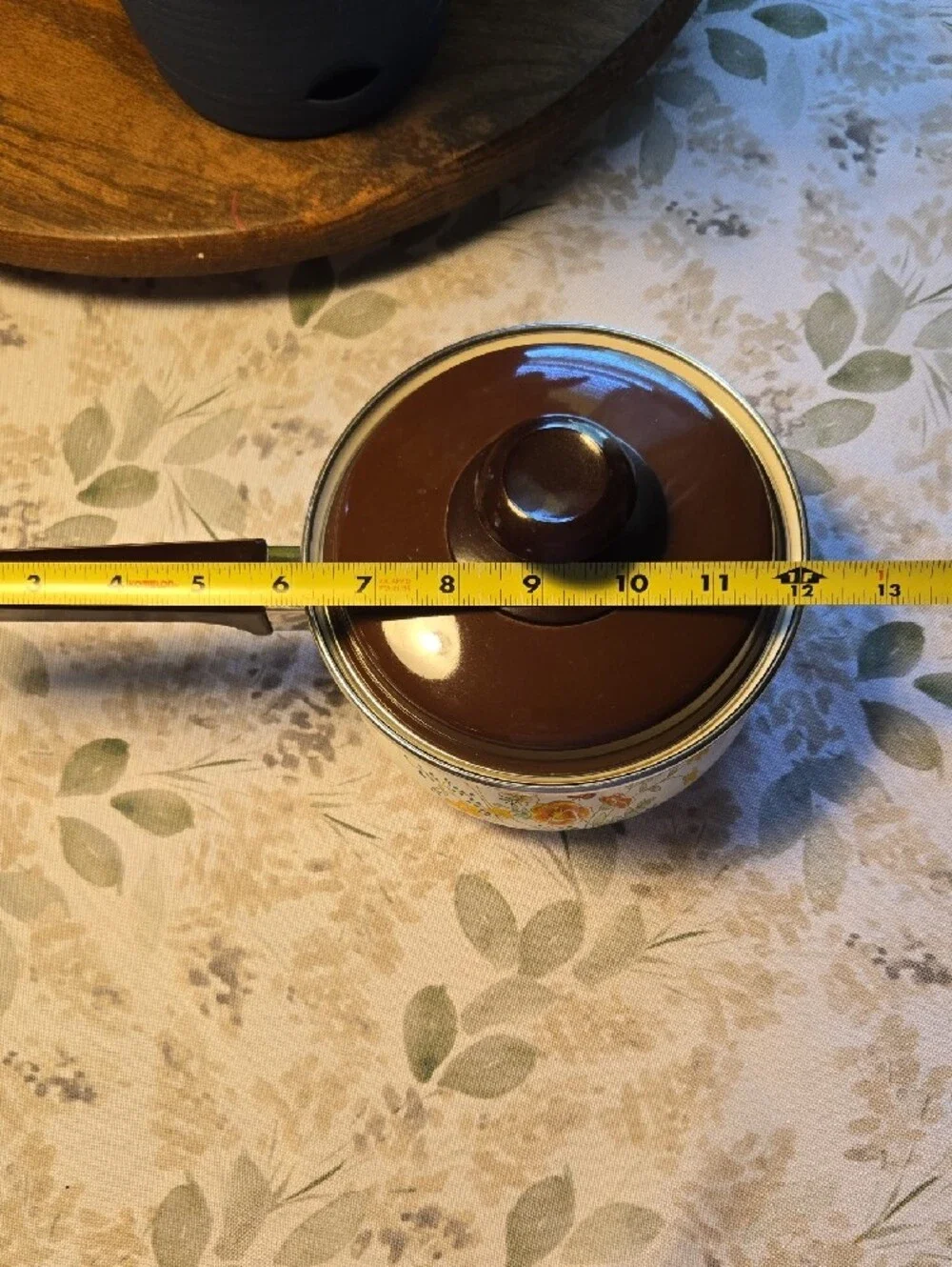 70sVintage Small Cream Enamel Saucepan with Brown Lid, Floral Butterfly